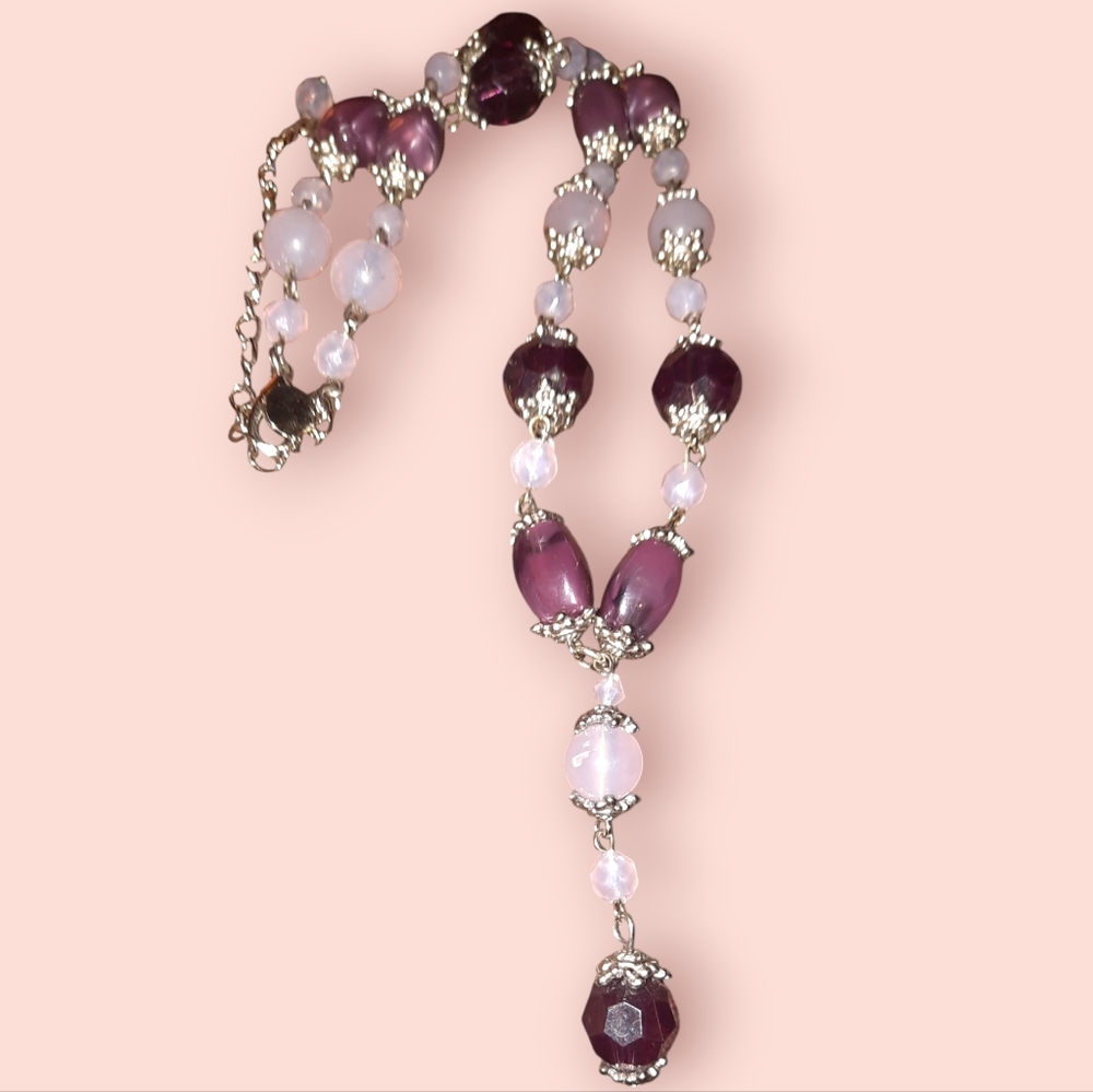 VJ signed purple glass beaded silvertone Y necklace adjustable length